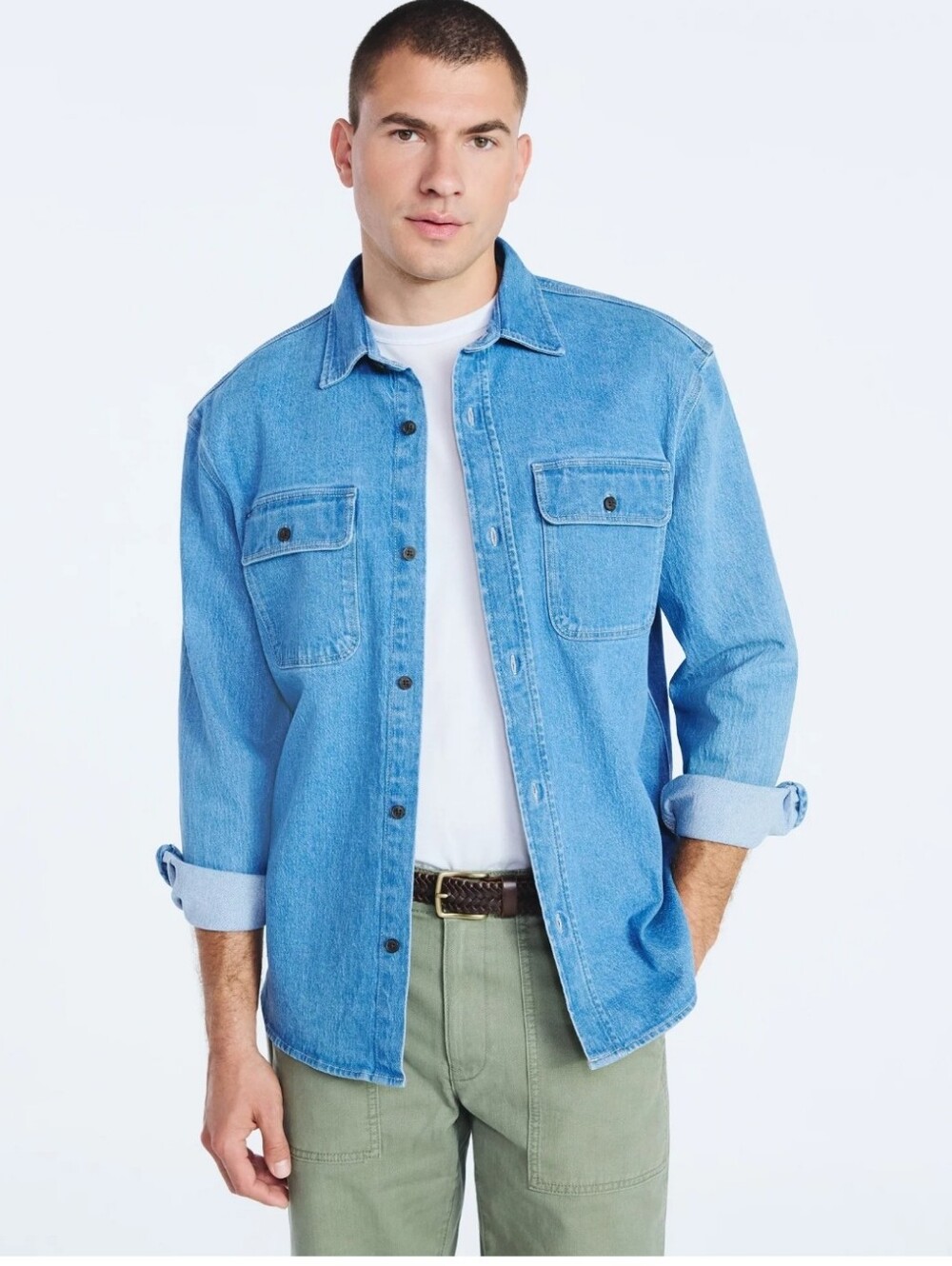 Free Assembly Men's and Big Men's Heavyweight Denim Overshirt with Long Sleeves